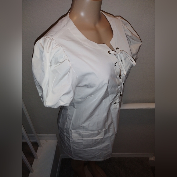 LDT Lace Up Split Round Neck Short Puff Sleeve Mini Dress - Picture 7 of 12